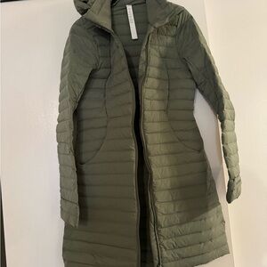 Women's lululemon pack it down long jacket Olive Hooded Puffer Coat